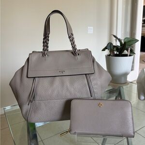 Tory Burch Halfmoon Satchel, French Gray + Wallet